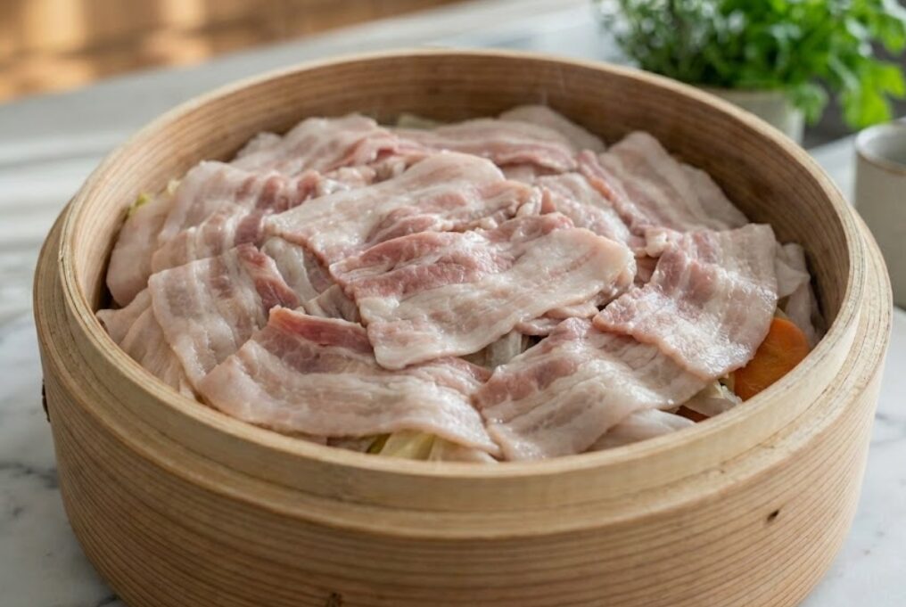 豚肉をせいろに広げる