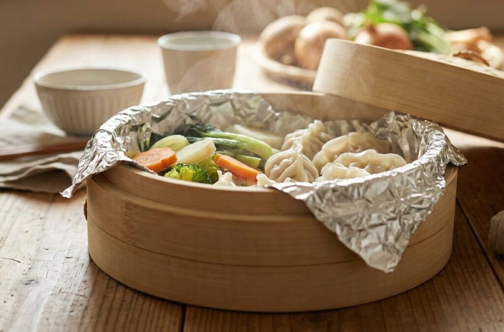 せいろ蒸しにアルミホイルを敷く