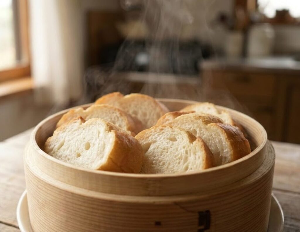 カットされたバゲットが、蒸気を含んでふっくらしている様子