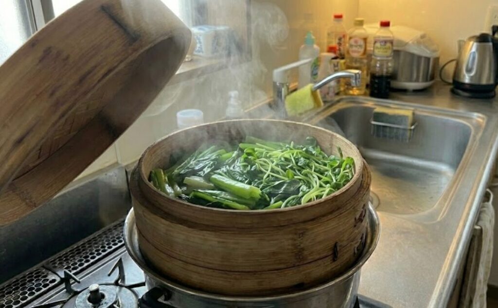 せいろで蒸した小松菜・ほうれん草・豆苗