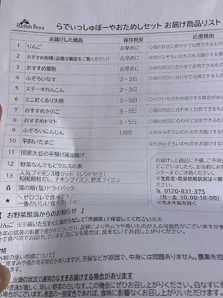 らでぃっしゅぼーや1,980円お試しセットお届け商品リスト